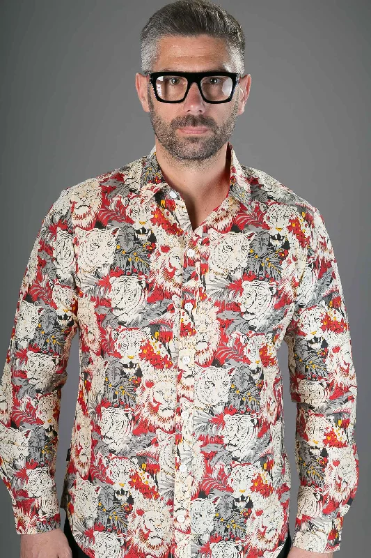 Unmissable Offer Red Lion Tiger Print Cotton Slim and Regular Fit Mens Shirt Long Sleeve