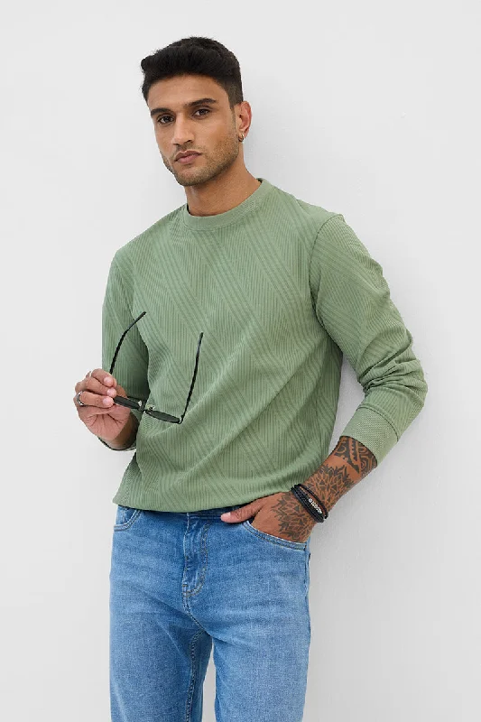 Super Bargain Light Green Self-Design Slim Fit Sweater