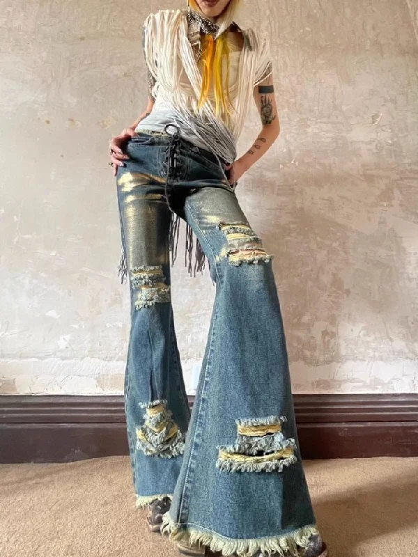 Deal Mania Low Waisted Old Ripped Metal Flare Jeans【s0000004947】
