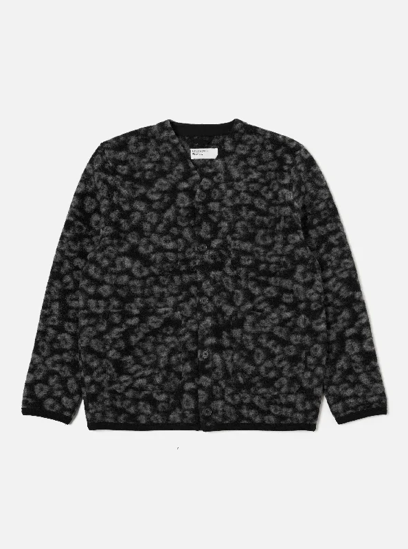 Crazy Savings Universal Works Cardigan in Black/Charcoal Leopard Fleece