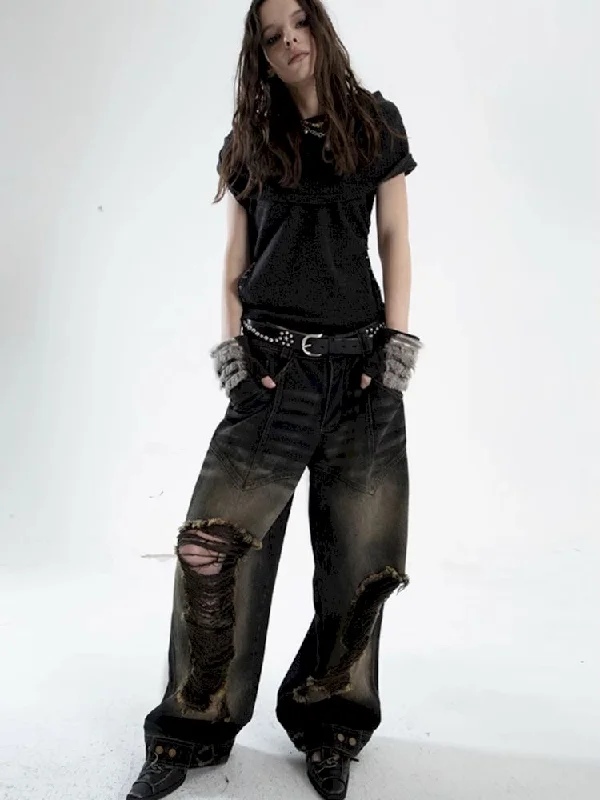 Friends and Family Sale Large ripped wide-leg straight-leg silhouette jeans【s0000007650】