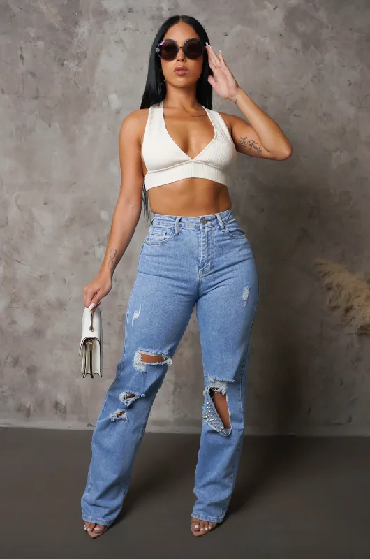 Unmissable Sale Ashley Ripped Denim High Waisted Jeans with Stud Detail