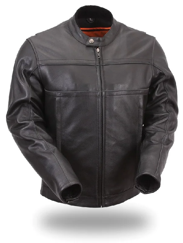 Weekend Bargains to Indulge In First Manufacturing FIM260NOCZ Men's Black Leather Scooter Jacket with Reflective Piping