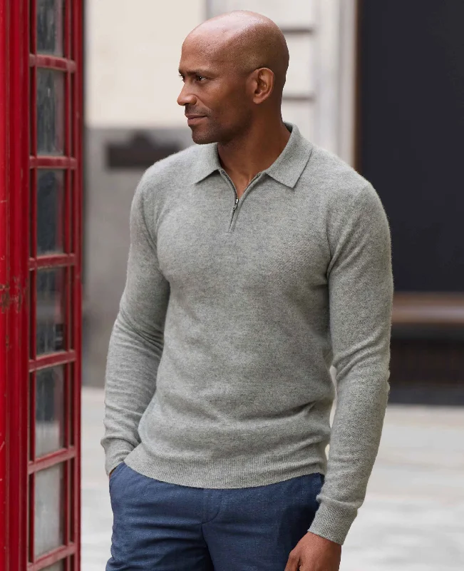 Weekend Deals That Dazzle Light Grey Merino Wool Cashmere Zip Neck Long Sleeve Polo Shirt
