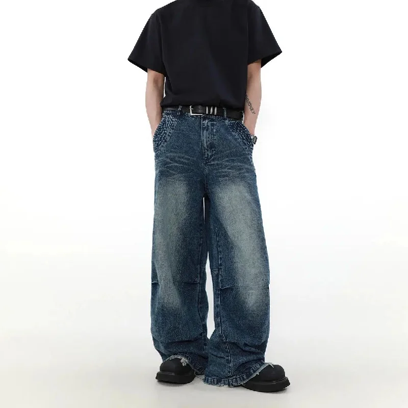 Savings Event Faded Raw Edge Pleats Wide Jeans