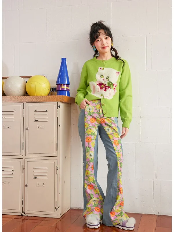 Overstock Spliced ​​flowers stretch denim flared pants【s0000007308】