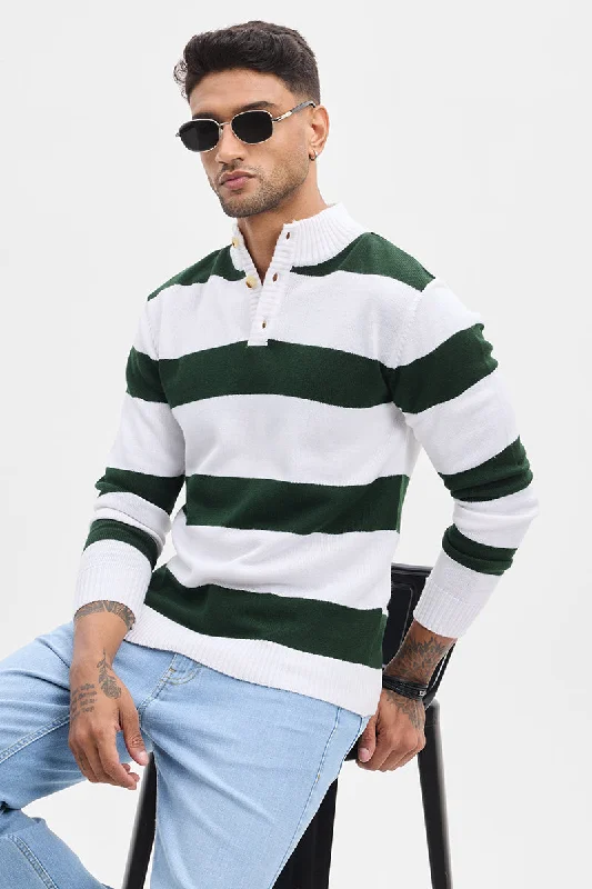 Don't Wait Dark Green High Neck Stripes Sweater